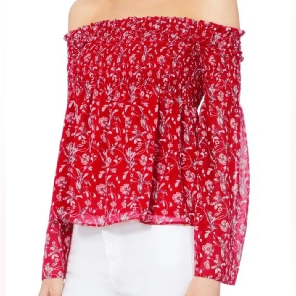 Intermix Women's Red Floral Off The Shoulder Shirred Silk Top Size XS